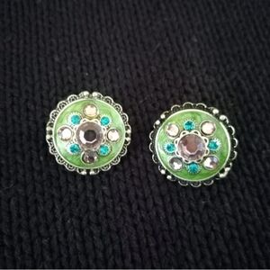 Colorful Silver Toned Pink Blue Glass Stone Green Enamel Inlay Clip On Earrings